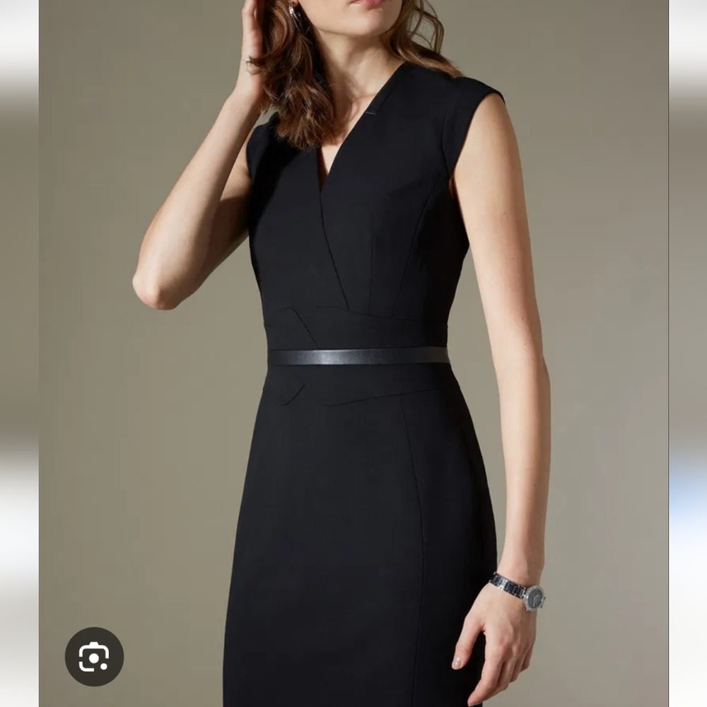 Karen Millen Black Contrast Waist Belt Dress Size 2 Pencil Midi Business Suits